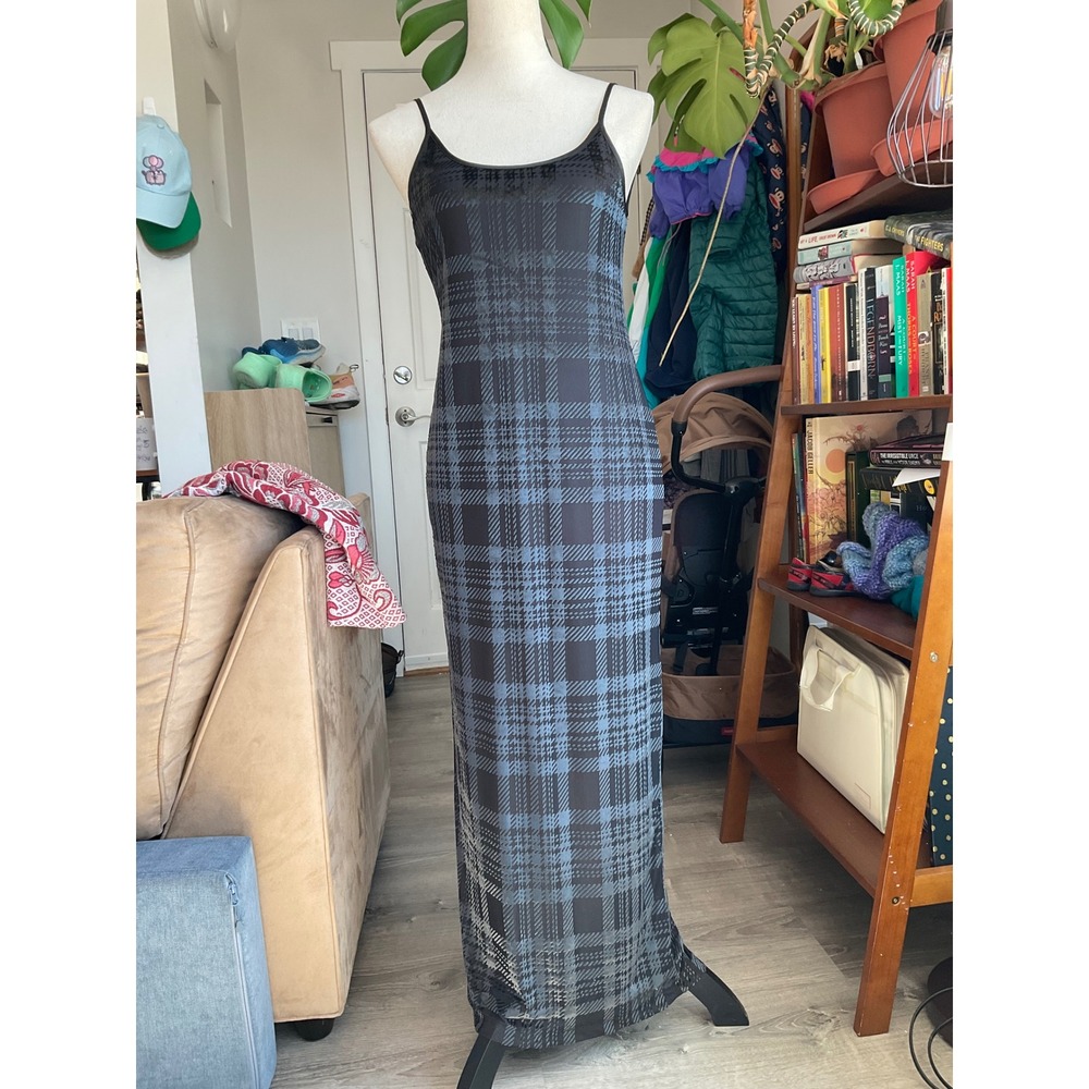 Silence + Noise Black Blue Burnout Velvet Plaid Maxi Dress Small Grunge Witchy
